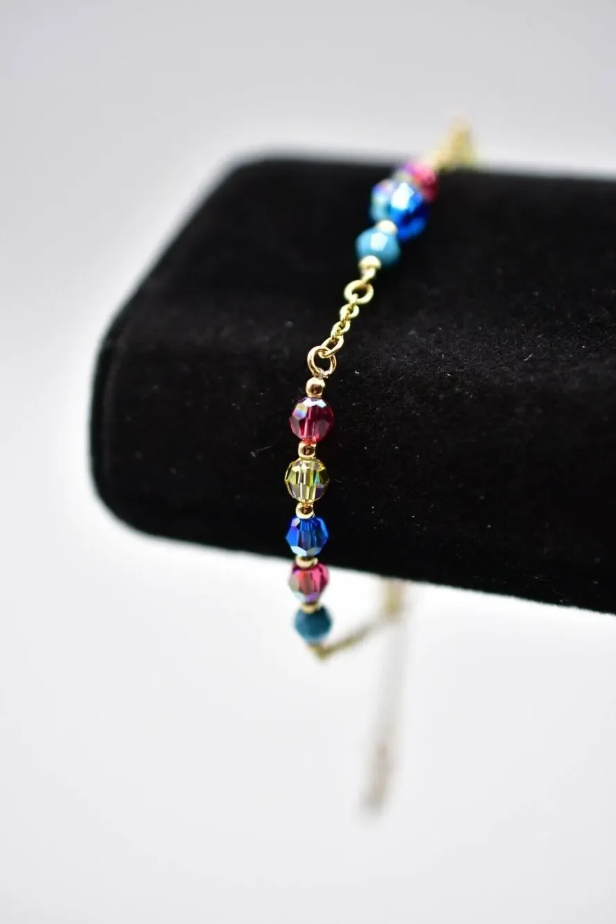 Swarovski Crystal Beaded Bracelet AB Blue Pink Gold Tone Chain Swan Signed Bin7